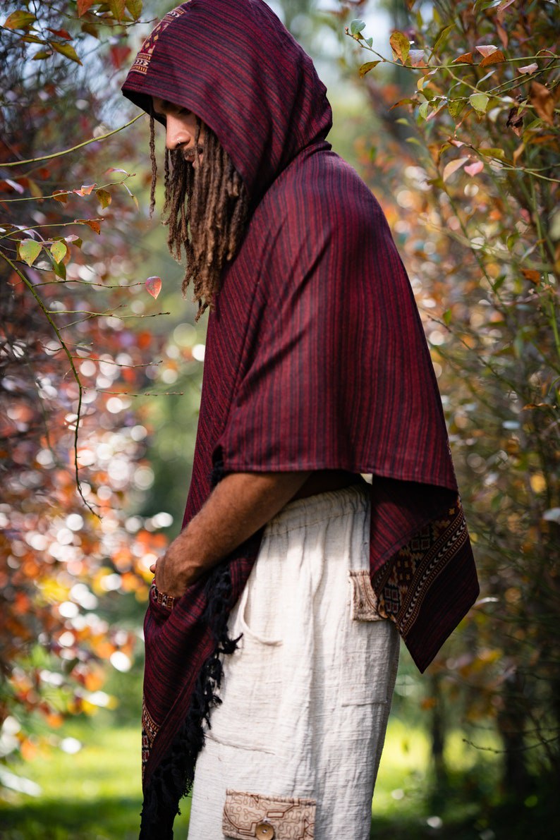 Men's Hooded Cape Large Hood Red Dark Red Yak and Acrylic Wool Tribal Embroidery Celtic Shaman Festival Mexican Original