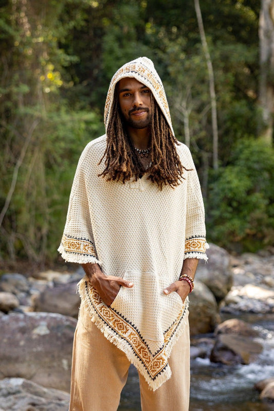 Cape Beige Men Hooded Vegan Textured Cotton Hooded Block Print