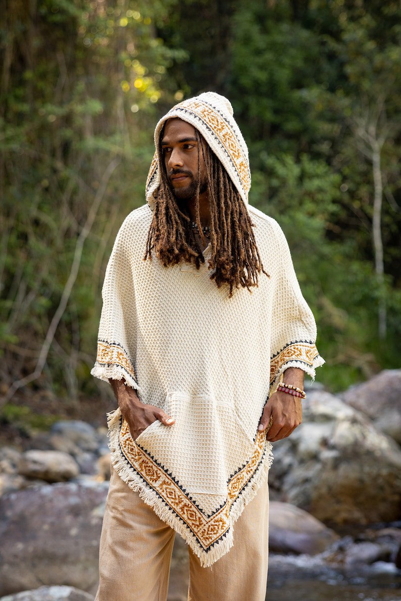 Cape Beige Men Hooded Vegan Textured Cotton Hooded Block Print