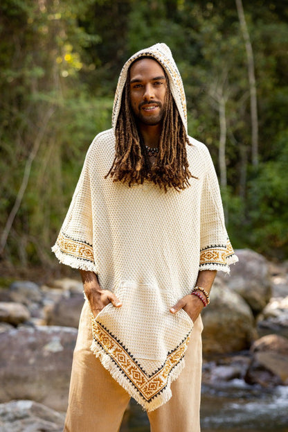Cape Beige Men Hooded Vegan Textured Cotton Hooded Block Print